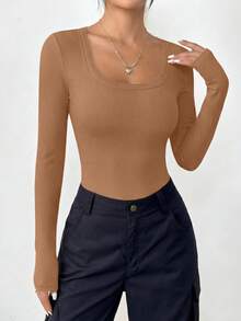 PRETTYGARDEN Women Spring And Fall Long Sleeve Shirts Clothes Cute Going Out Tops Ribbed Tight Fitted Plain Basic Tee Tshirts Vacation Outfits For Women - 淺駝色 - 查看 5