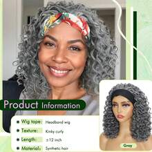 Short Afro Kink Curly Grey Headband Wigs For Women12inch Shoulder Length Salt And Pepper Headband Wig For Women Synthetic Deep Curly Head Band Wig Daily Use (1B/Grey) - 12inch-Curly-1B/GREY - 查看 2