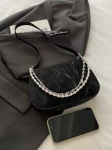 2026新款仿珍珠链条斜挎包单肩包女士包包小巧简约通勤包甜美可爱夏季小方包 - 黑色 - 查看 8
