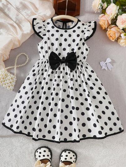 Young Girls' Polka Dot Dress With Puff Sleeves And Bow Decor, Sweet Casual Dress For Spring & Autumn