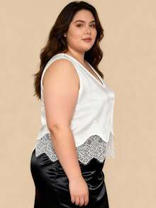 Women's Plus Size Satin Tank Tops Elegant Floral Lace Trim Sleeveless V Neck Loose Fit Vest For Party Daily Wear - 白色 - 查看 4