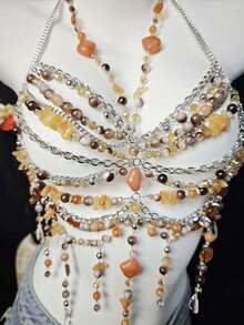 2026 Spring/Summer New Chiffon Shawl, Bikini Accessories, Unisex Body Chain, Sexy Pearl Chest Chain Lingerie, Exotic Transparent Bra Decor For Beach, Party, Holiday, Music Festival - 棕色 - 查看 8
