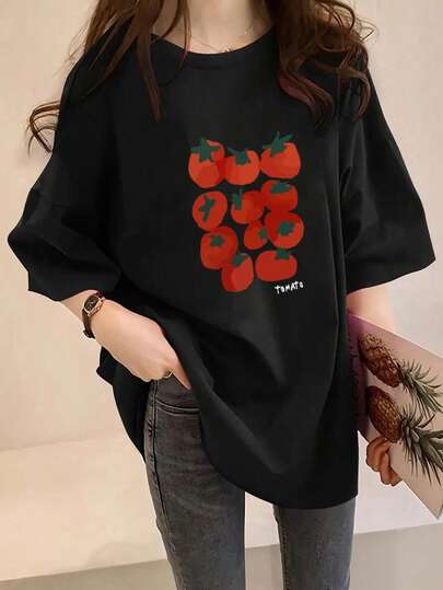 Japanese Style Women's Loose Casual Crew Neck Cartoon Tomato & Fruit Print Short Sleeve T-Shirt, Versatile For Spring/Summer