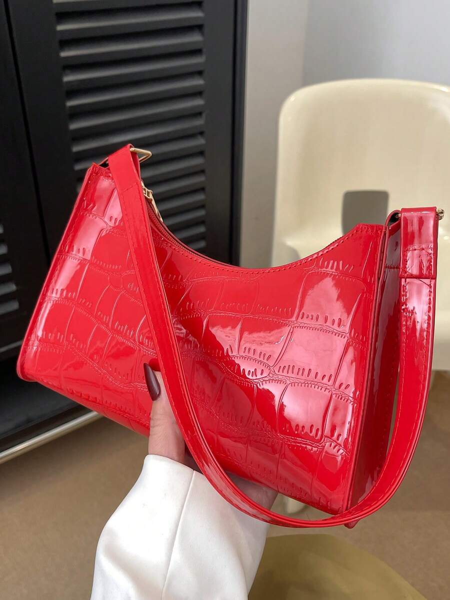 纯色压纹几何图案女士单肩包,拉链腋下单肩包,时尚复古拉链包,休闲防水手提包,适合年轻女性、女士、大学生、白领,是办公室、工作、商务、通勤的理想之选,也是女士最佳工作包。 - 紅色 - 查看 1