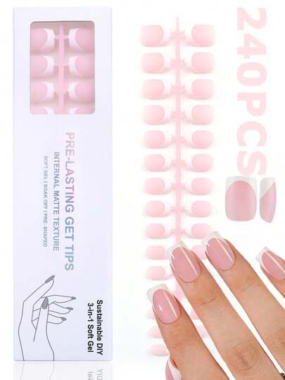 240pcs Set Short Pink & White French Gel Press-On Nails, Matte French Fake Nails, Soft Gel False Nails, 15 Sizes Artificial Nails, Suitable For DIY Manicure And Salon Use, Women Nail Art & Care