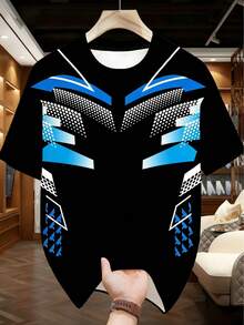 Camiseta de manga corta de talla grande de estilo ciberpunk mech streetwear, con estampado geométrico funcional en negro y azul en todo el diseño, con estampado futurista de cuadrícula + retazos estilizados + degradado de azul y blanco, de corte holgado para tallas grandes - Negro - Ver 3