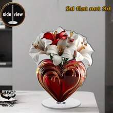 2D亚克力旋转桌面展示架 - 红色心形花瓶，配白色百合和红色郁金香，亮黑色底座，无需电源，优雅设计，适用于情人节、周年纪念日、婚礼、家居和办公装饰，表面抛光，完美礼物，2D平面 - 彩色 - 查看 6