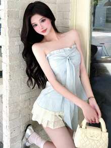 Sexy Blue Bowknot Strap Camisole Tank Top, Waist Cinching Slim Fit Tube Top For Summer - Blue - View 4