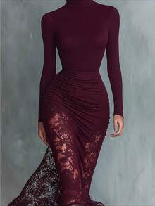 2026 European And American Foreign Trade Temperament Lace Long Dress Fashionable And Sexy Long-Sleeved Backless Slim Splicing Dress Women - 酒紅色 - 查看 2