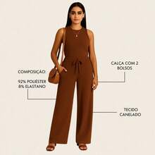 Kit 2 Conjunto Canelado Pantalona Wide Leg Com Bolso Regata Canelada Feminina - Vinho + Bege - Visão 2