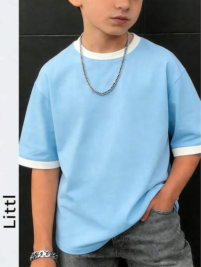 Camiseta de manga corta de cuello redondo con bloques de color informal para niños preadolescentes, top de verano