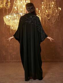 UNITHORSE 立领长袖贴花流苏优雅连衣裙 - 黑色 - 查看 2