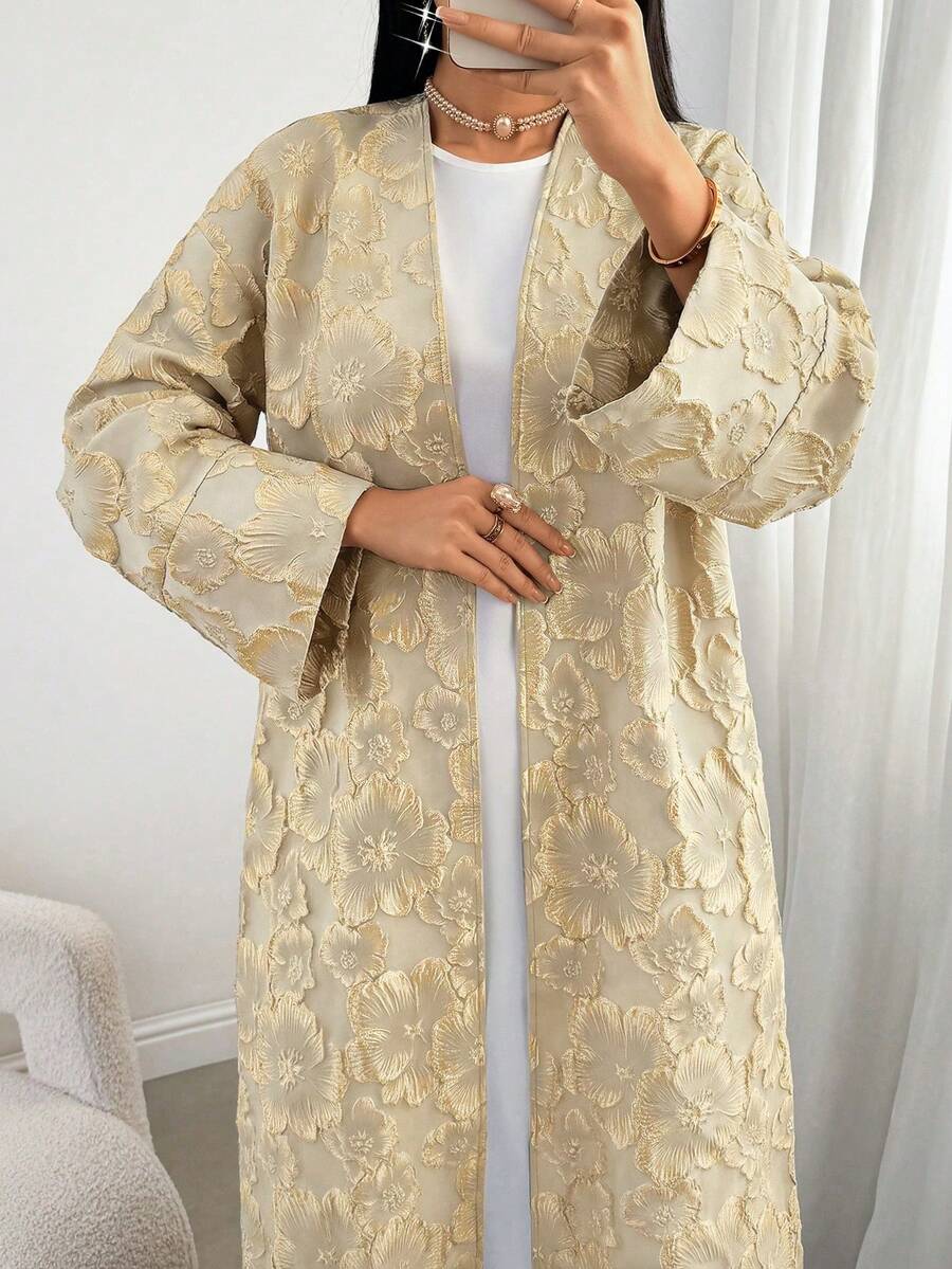 Women's Embossed Casual Versatile Long Sleeve Abaya - Apricot - View 1
