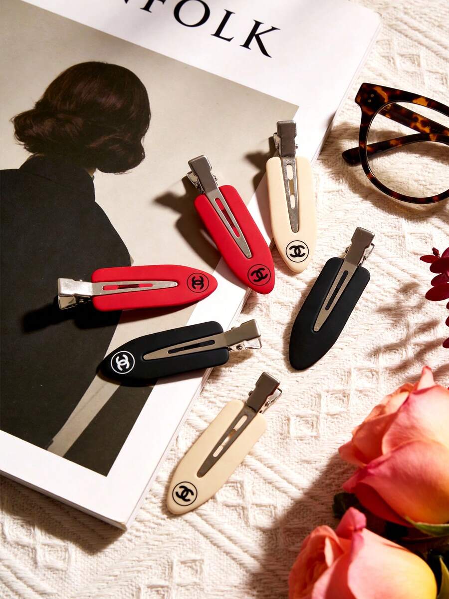 CHANEL 彩色亚克力鸭嘴发夹，奢华logo BB夹，6件套，女士适用 - 紅白黑三色髮夾 - 查看 1