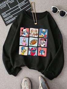 1pc Disney Mickey Mouse & Pals Tween Boys Popular Sweatshirt With Vibrant Football Cartoon Block Prints - Comfortable & Lightweight, Great For Leisure Moments & School Outfits - Black - View 1