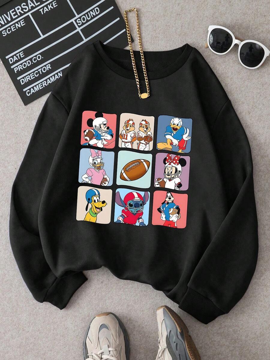 1pc Disney Mickey Mouse & Pals Tween Boys Popular Sweatshirt With Vibrant Football Cartoon Block Prints - Comfortable & Lightweight, Great For Leisure Moments & School Outfits - Black - View 1