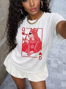 Camiseta blanca de mujer con cuello redondo, estampado de corazón rojo y carta de la reina, top blanco casual y de moda adecuado para uso diario y salidas en verano - Blanco - Ver 2