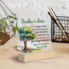 2D Flat, Sibling Love Chinese Style Acrylic Plaque With Wood Base - Glossy Siblinghood Quotes Tabletop Decor, Minimalist Tree Silhouette Brother Sister Gift For Birthday/Christmas, Farmhouse Home Decoration Sign (Clear & Wooden), 2D Flat - A - View 1