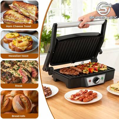 SUPERLEX Sandwich Maker 1500W , Electric Indoor Grill With Easy-Clean Coating, Equipped With Non-Stick Cooking Plate For Easy Cleaning, Stainless Steel And Aluminum Baking Tray, Equipped With Precise Temperature Control System, With Anti-Scalding Handle, Suitable For Making Kitchen Breakfast Sandwiches, Steak, Seafood And Various Grilled Meats