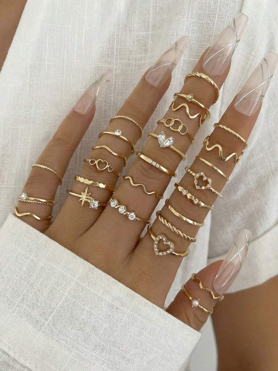28pcs Heart Shaped Geometric Bohemian Style Rhinestone Accent Minimalist Wave Knuckle Rings, Suitable For Women's Daily Wear, Dates, Parties, Valentine's Day, Anniversary, Gifts For Girlfriends, Friends, Party, Street Style (Includes Size Chart, Do Not Shower Or Forcefully Bend, Please Purchase Carefully) - Gold - View 1