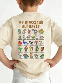 1件幼儿男童休闲恐龙字母印花圆领短袖T恤，夏季学生装 - 恐龙字母印花T恤为每个孩子带来欢乐和幸福！ - 杏色 - 查看 2