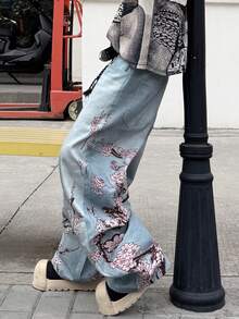 1pc Korean Streetwear Style Men's Digital Print Loose Comfortable Wide-Leg Jeans, Versatile Denim Pants For All Seasons (Belt And Accessories Not Included) - Light Wash - View 3