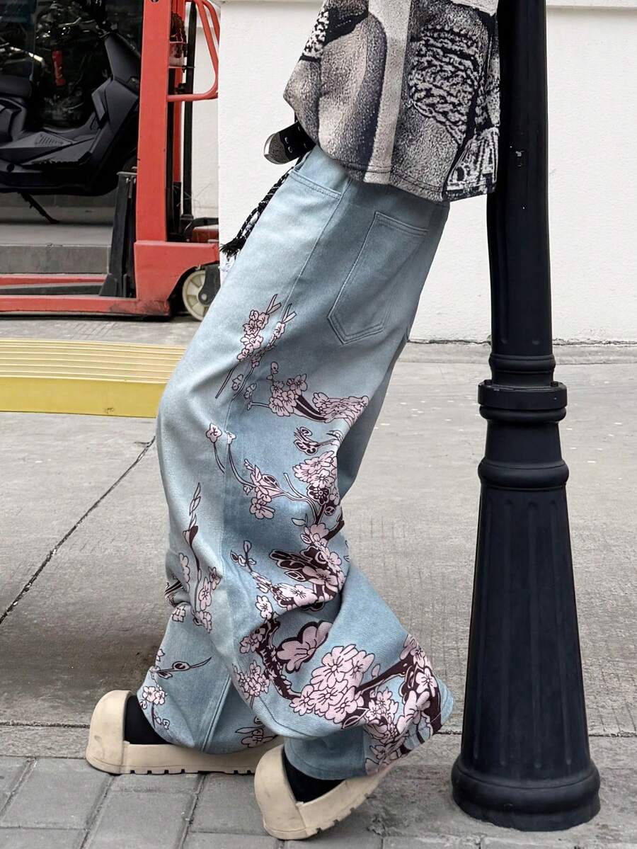 1 buah Celana Jeans Pria Gaya Streetwear Korea dengan Motif Digital, Longgar, Nyaman, dan Lebar, Celana Denim Serbaguna untuk Semua Musim (Sabuk dan Aksesoris Tidak Termasuk) - Light Wash - View 1