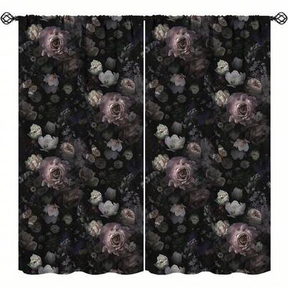 2pcs Vintage Gothic Victorian Floral Curtains With Black & Pink Rose Detail, 100% Machine Washable Polyester Fabric, Light-Blocking, Privacy-Protecting, Elegant Style, Sheer Curtains, Suitable For Living Room, Bedroom, Kitchen, Home Decor, Retro Aesthetic, Delicate Fabric, High-Quality Window Treatment