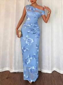 Elegant Lace Jacquard Dress For Women, Garden Tea Party Dress, Fashionable And Casual Long-Sleeved Wrap-Around Dress With A Slanting Collar - Màu xanh lam - Xem 2