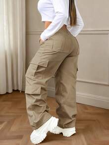纯色纽扣口袋优雅休闲通勤简约可爱Y2K轻便大码工装裤，适合万圣节、教师节、毕业典礼、外出、度假、俱乐部、办公室、健身房、海滩、返校、生日派对、下午茶、旅行、乡村音乐节、机场、春季、夏季、秋季、冬季等各种场合。 - 深卡其 - 查看 3