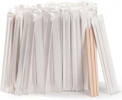 MFJUNS 200pcs Individually Wrapped Coffee Stirrers Wood - 5.5" Coffee Stir Sticks, Round End Disposable Coffee Stirrer, For Coffee, Cocktail And Hot Drinks