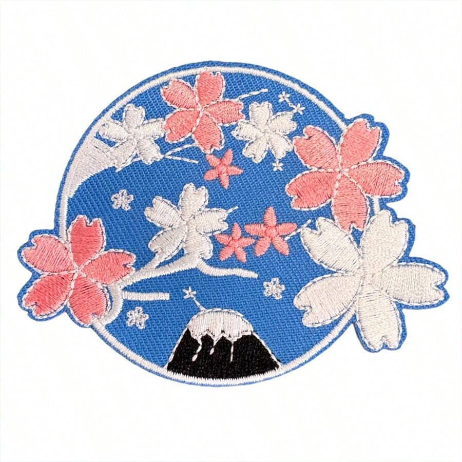 1pc Sakura Mount Embroidered Fabric Patch, Sakura Patch, Landscape Patch, Blue Patch