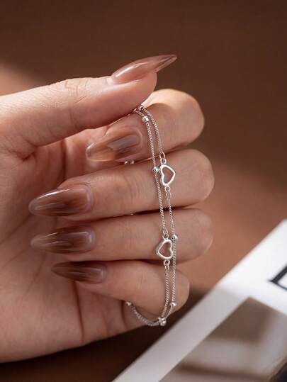 1pc 925 Sterling Silver Double-Layer Heart-Shaped Beaded Bracelet, Elegant & Luxurious, Minimalist & Fashionable, Ideal For Women's Dates, Graduation Gifts Or Daily Wear