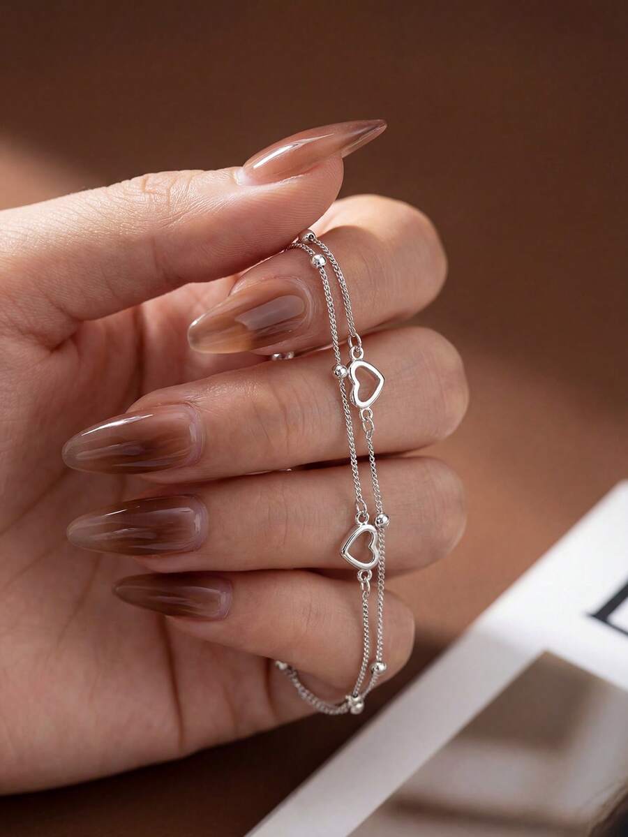 1条925纯银双层心形串珠手链，优雅奢华，简约时尚，是女士约会、毕业礼物或日常佩戴的理想之选。 - 款式1 - 查看 1