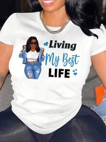 Plus Size Living My Best Life Print Women's Casual Loose Long-Sleeved Pullover Perfect For Fall/Winter Daily Wearing Sporty Outdoor - 0XL-5XL - 白色 - 查看 1