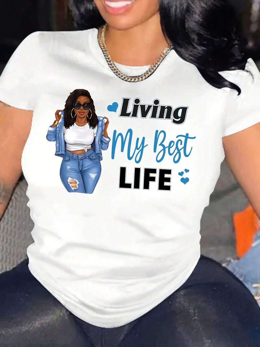 Plus Size Living My Best Life Print Women's Casual Loose Long-Sleeved Pullover Perfect For Fall/Winter Daily Wearing Sporty Outdoor - 0XL-5XL - 白色 - 查看 1