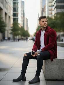 Men's Slim Velvet Cardigan - Essential Autumn/Winter - Rojo Borgoña - Ver 2