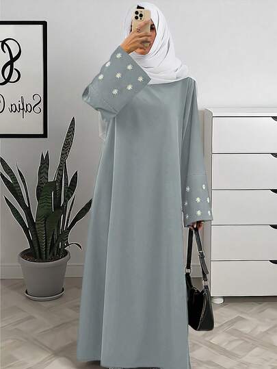 1PC Women's Festival Abaya – Mist Blue Maxi Dress With White Floral Embroidery On Sleeves, Scoop Neck Long Sleeve Modest Gown In Smooth Woven Fabric, Elegant Islamic Clothing For Party Celebration Spring