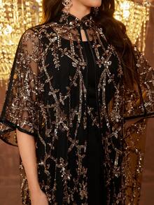 SUPGIR [Random Print] Women's Long Sleeve Sequin Patchwork Waist Tie Evening Dress - Black - View 6