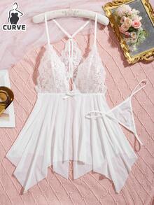 2pcs Plus Size Women Deep V-Neck Sheer Backless Lace Mesh Patchwork Bow Decor Ruffle Trim Sexy Nightgown & Lingerie Set - White - View 5