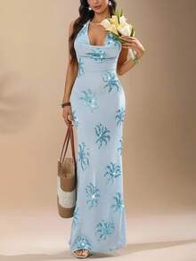 女士露背海星亮片连衣裙，优雅波西米亚性感针织面料露背连衣裙，适合海滩、度假、晚宴约会、节日、生日派对等场合 - 淺色水洗藍 - 查看 4