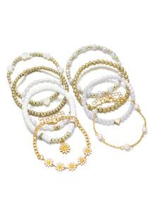 9pcs/Set Countryside Style Cute Sweet Heart & Flower Beaded Bracelet Set, Suitable For Daily Wear - Multicolor - View 5