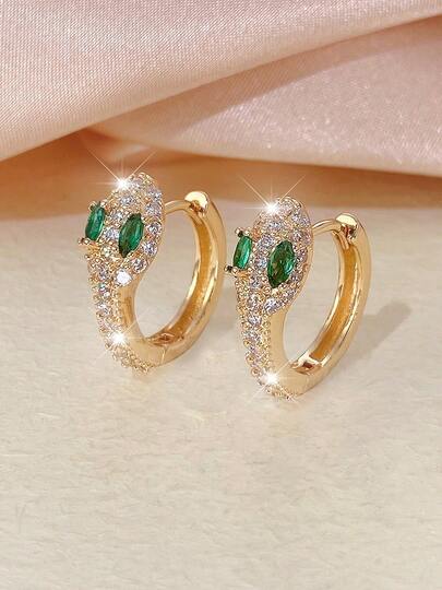 1 Pair Green-Eyed Snake Fully Rhinestoned Earrings, Luxury Elegant Niche Design Versatile Hoop Earrings For Women