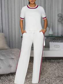 GLOURI Women's White Two-Piece Loungewear Set - Short Sleeve Top & High-Waisted Wide-Leg Pants & Drawstring Waist & Side Pocket Detail | Casual Sporty Fit For Weekend, Casual Hangouts & Running Errands Relaxed For Effortlessly Stylish Looks - trắng - Xem 6