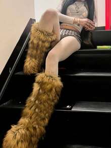 冬季女式及膝靴套穿仿皮草靴毛茸茸圆头时尚靴子绒面舒适毛绒保暖及膝靴户外室内平底鞋派对考究女式冬靴，毛茸茸靴子 - 棕色 - 查看 7