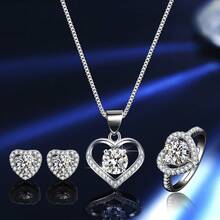 Bộ trang sức bạc 925 đính đá Moissanite 1 carat - gồm nhẫn Moissanite 1 carat, mặt dây chuyền Moissanite 1 carat, bông tai Moissanite 1 carat và mặt dây chuyền hình trái tim Moissanite 1 carat, quà tặng ngày Valentine. - Bạc - Xem 12