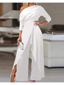 Chic, Minimal, Dressy, Feminine, Elegant, Sophisticated, Tailored. Spring Summer Fall. Office, Dinner.  Stylish Sash Waist Jumpsuit For Warm Nights - 白色 - 查看 4