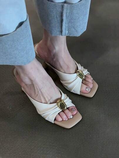 French Pleated One-Strap Sandals, Women's Summer Outdoor Wear, Thin Heels, Metal Buckle, Elegant Goddess Style