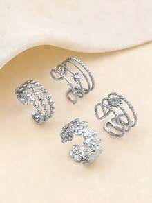 4枚/套不锈钢银色可调节戒指，饰有花朵、星星和月亮图案，4种不同款式，适合日常佩戴或作为情人节、母亲节礼物。 - 銀色 - 查看 1