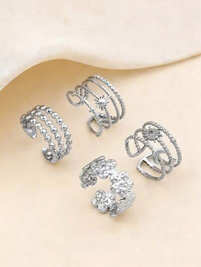 4枚/套不锈钢银色可调节戒指，饰有花朵、星星和月亮图案，4种不同款式，适合日常佩戴或作为情人节、母亲节礼物。
